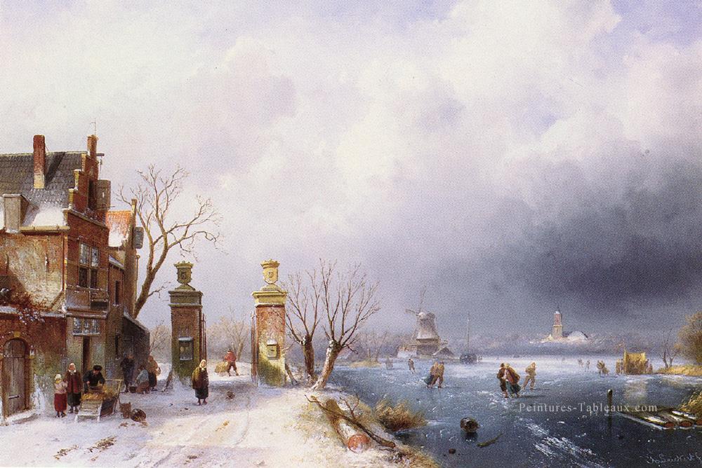 Belge 1818 à 1907A Ensoleillé Hiver Lansca paysage Charles Leickert Peintures à l'huile